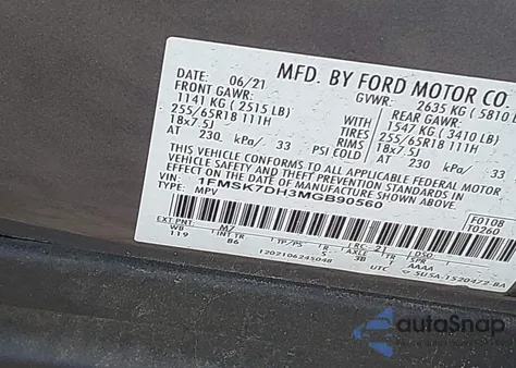 2021 Ford Explorer Xlt из США, поврежденный, VIN 1FMSK7DH3MGB90560